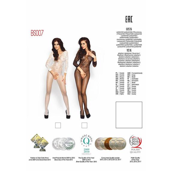 Бодістокінг Passion BS007 white, комбінезон, закриті плечі, рукав 3/4, S/M/L | Зображення 4