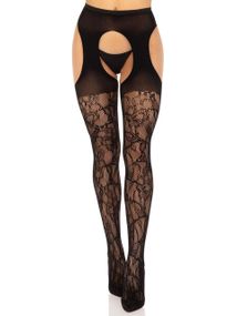 Стрип-колготки Leg Avenue Eyelet lace suspender hose, One Size, чорні, ажурні, з відкритим доступом sexstyle