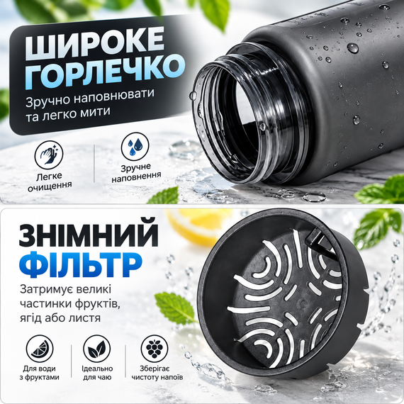 Бутылка для воды KANGZYUAN 500 мл спортивная черная Tritan BPA Free ударопрочная с герметичной крышкой и съемным фильтром | Зображення 5