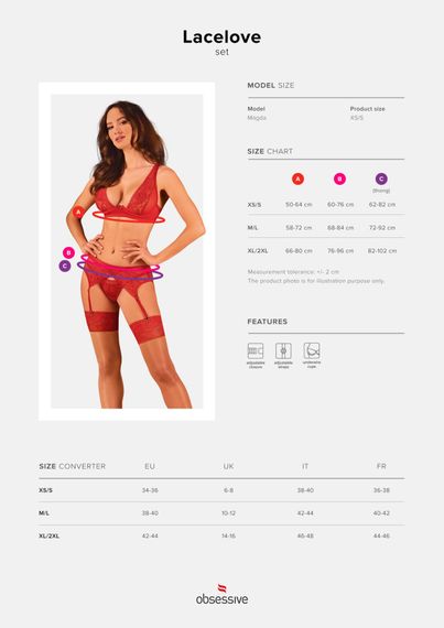 Комплект білизни Obsessive Lacelove cupless 3pcs set XS/S Red, бюстгальтер, стрінги, пояс для панчіх | Зображення 4