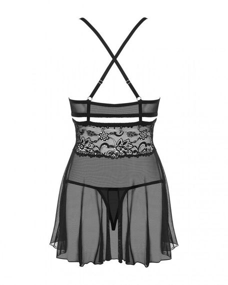 Эротический кружевной комплект с сеточкой Obsessive 838-BAB-1babydoll & thong black S/M, Черный, S/M | Зображення 6