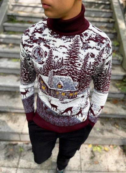 Мужской новогодний свитер Олени домик PA0001 цвет бордовый, размер XL