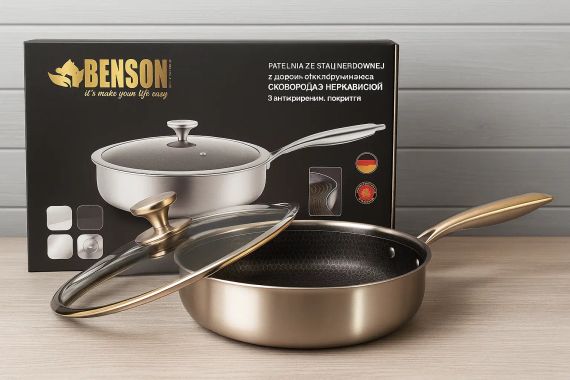Глубокая сковорода из нержавеющей стали 28 см. Benson BN-588