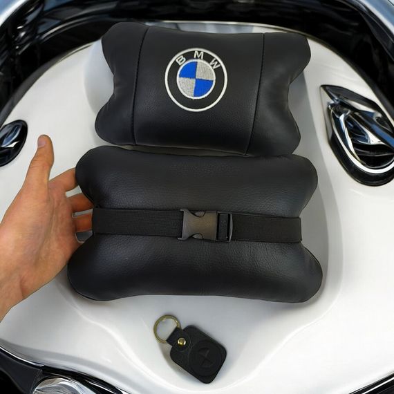 Авто подушки 2 шт — набор BMW из натуральной кожи, на подголовник в машину, Автомобильная подушка БМВ | Зображення 2