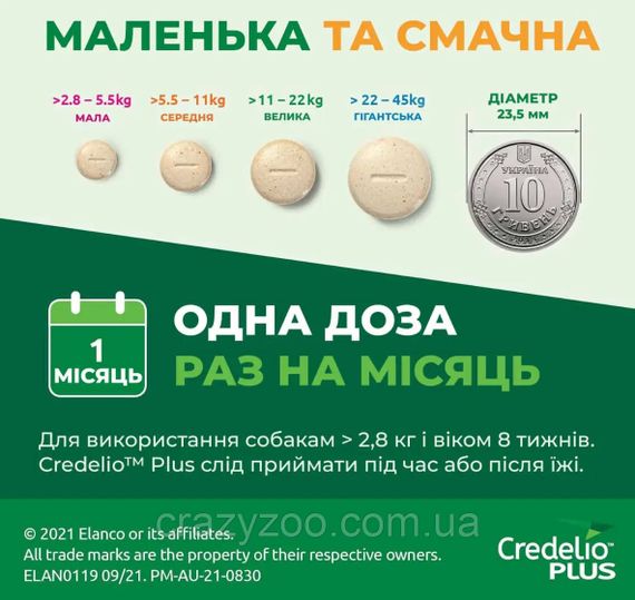 Таблетка против внешних и внутренних паразитов для собак Elanco Credelio Plus от 5.5 до 11 кг ЦЕНА ЗА 1 ШТ | Зображення 2
