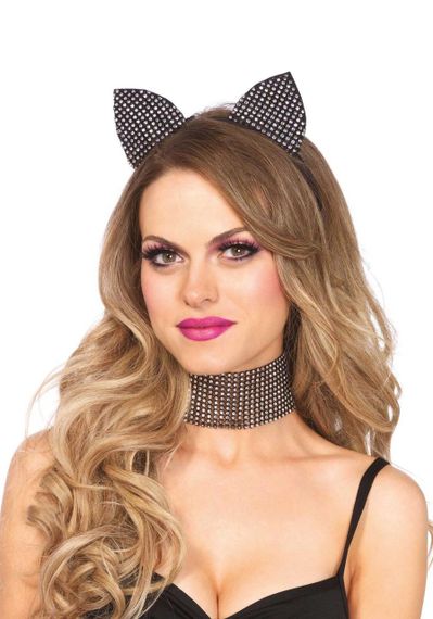 Набір кішечки зі стразами Leg Avenue Cat ear headband & choker set, широкий чокер та вушка Sex Aura