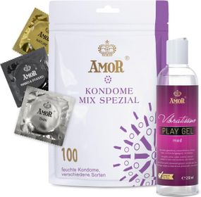 Презервативы и лубрикант – Amor Set Mix Condom, 100 шт. and Vibratissimo Play Gel Med, 250 мл Sex Aura