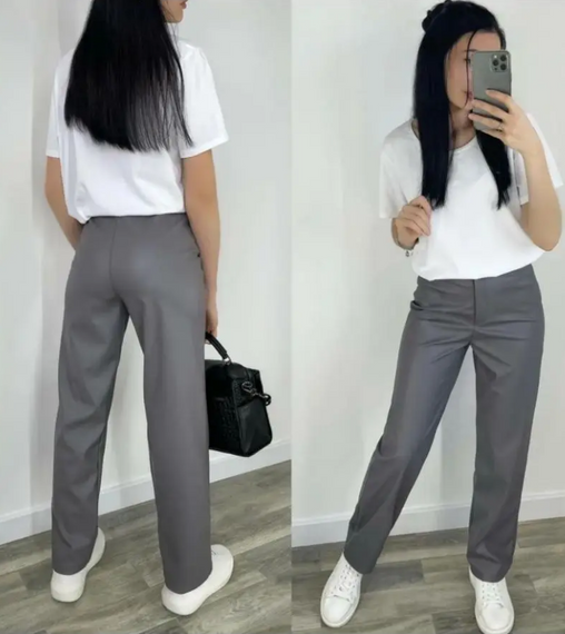 Женские прямые кожаные брюки свободного кроя GF01692 цвет серый, размер 46 | Зображення 3