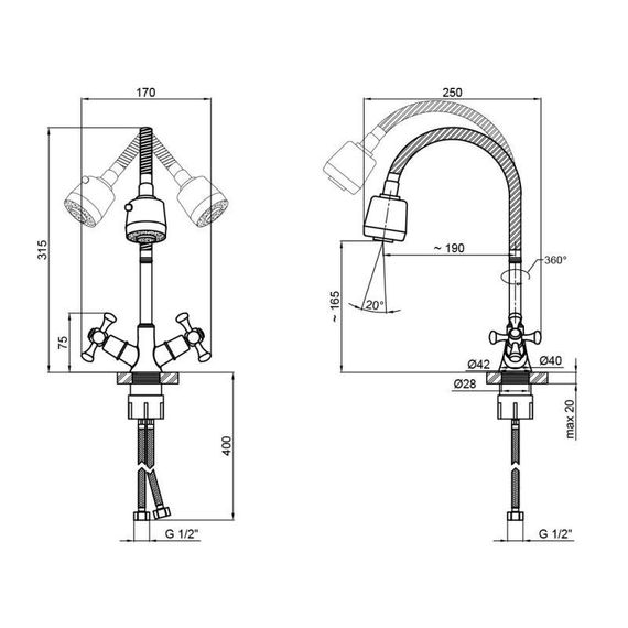 Змішувач для кухні Lidz Lamb 274F двохвентильний з гнучким виливом LDLAM274FCRM35074 Chrome | Зображення 1
