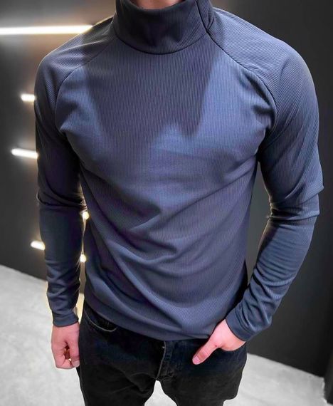 Мужской трикотажный гольф в рубчик с молнией на шее, OB142 цвет синий, размер 50/52