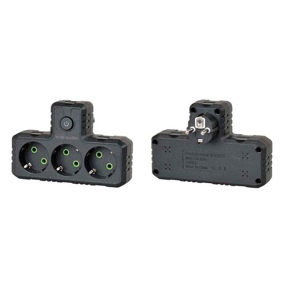 Розетка трійникТ-подібний із заземленням F301-Black, 3 розетки, 2500W, 10A, 110-250V~Max, Blister