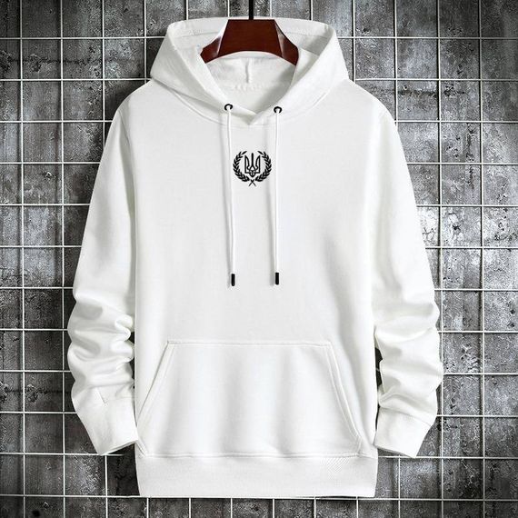 Мужской теплый худи на флисе с принтом Тризуб OC2233 цвет белый, размер L