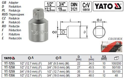 Переходник YATO Польша M=1/2" (F)-3/8"(М) L=34 мм YT-1255