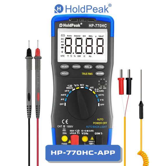 Мультиметр HoldPeak HP-770HC-APP высокоточный цифровой (TrueRMS 6000 отсчетов 1000В 20А AC/DC 60МОм 100мФ 1000°C 10МГц NCV)