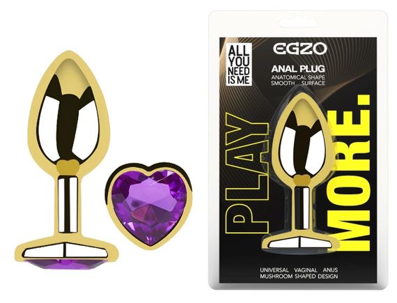 Анальна пробка Egzo Gold Heart з фіолетовим кристалом і серцем, розмір M Sex Aura | Зображення 4
