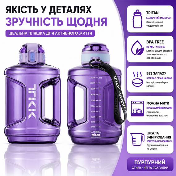 Спортивная бутылка TKK 2300 мл (2.3 л) - Фиолетовый Tritan BPA-free, ударопрочная эко-бутылка с ручкой и клапаном | Зображення 6