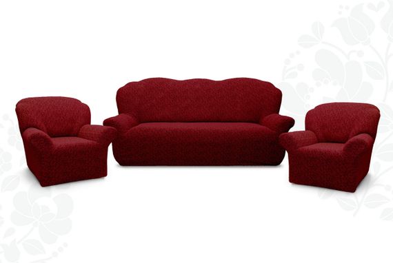 Жаккардовый чехол на диван + 2 кресла без юбки Бордовый