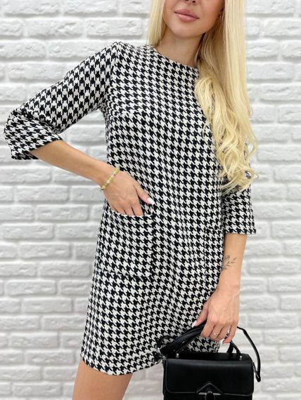 Женское теплое короткое платье принт гусиная лапка GF2558 размер 42/44, цвет черный | Зображення 2