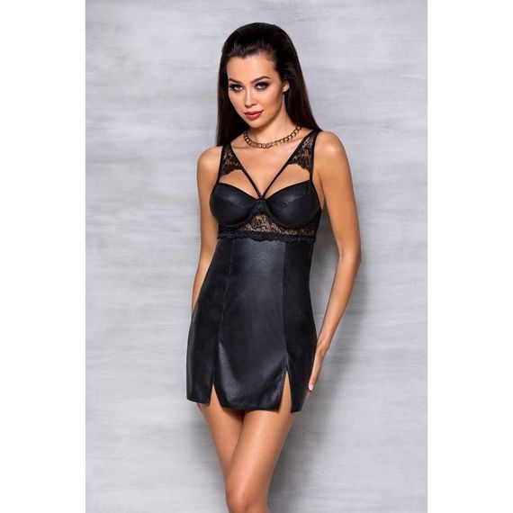 Бебі-дол з еко-шкіри та мережива Passion LOONA CHEMISE S/M, black | Зображення 2