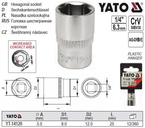 Головка торцевая 6-гранная 1/4" М5 Польша YATO YT-14120