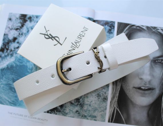 Женский кожаный ремень пряжка бронза Yves Saint Laurent белый