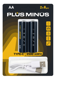 Акумуляторні батарейки AA PLUS MINUS 2500 mAh із зарядкою Type-C + кабель (2 шт.)