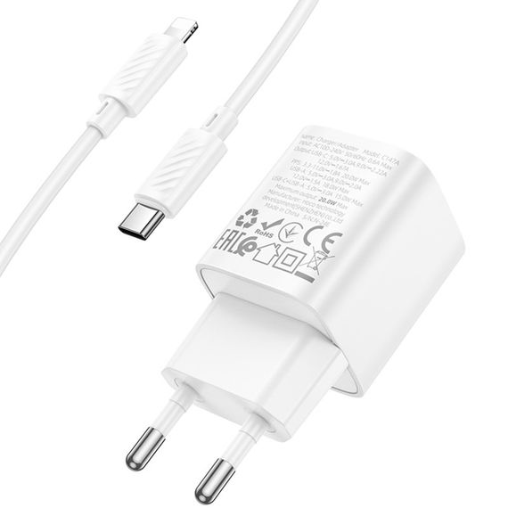 СЗУ Hoco C147A PD20W+QC3.0 (1USB-A/1C) + кабель Type-C to Lightning White | Зображення 3