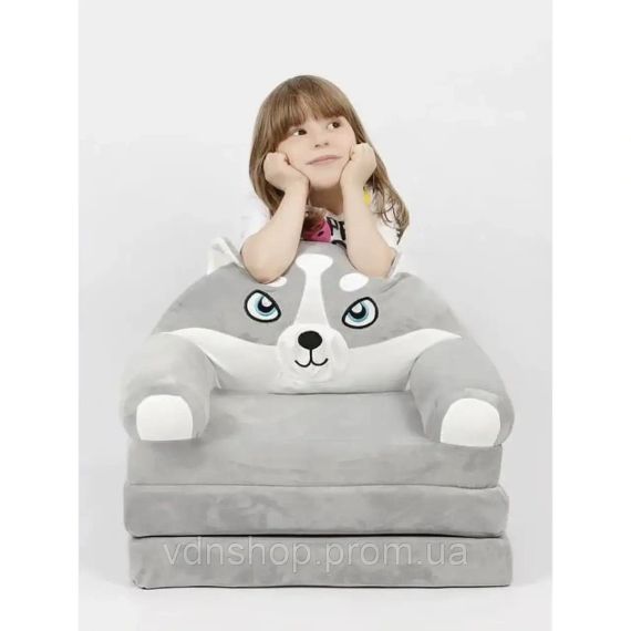 Мягкое детское кресло плюшевое, мягкое кресло-кровать для детей Вовк Серый | Зображення 3
