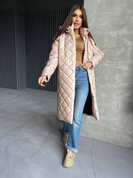 Женская длинная теплая куртка-пальто стеганая силикон 200, NA1044 цвет бежевый, размер 38/40 | Зображення 2