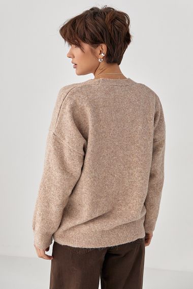 В'язаний кардиган на ґудзиках з V-подібним вирізом - світло-коричневий цвет, ONE SIZE (є розміри) | Зображення 1