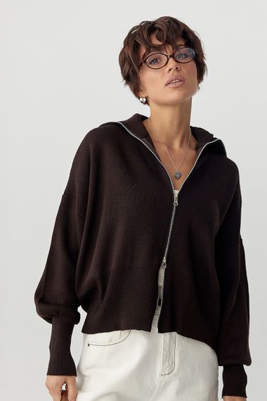 Трикотажний вільний кардиган на блискавці - темно-коричневий цвет, ONE SIZE (є розміри) | Зображення 3