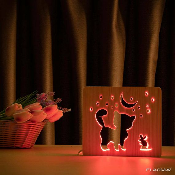 Светильник ночник ArtEco Light из дерева LED "Кот и мышка под луной" с пультом и... | Зображення 3