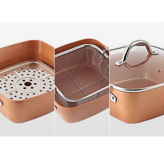 Сковорода-фритюрница UNIQUE UN-5251 квадратная антипригарная с пароваркой и кастрюлей + стеклянная крышка 24 | Зображення 6