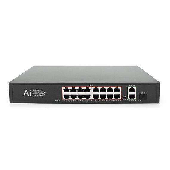 POE комутатор Merlion 16 POE 10/100 + 1 Single Fiber Tx 1310nm 20km + 2 RJ45 10/100/1000+ вбудований блок живлення 52V 4.8A | Зображення 1