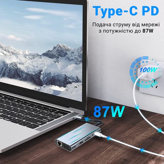 11в1 Type-C хаб для ноутбука Addap MH-13, многофункциональный разветвитель: 4 x USB 3.0 + Type-C + HDMI + VGA + Ethernet + SD + MicroSD + 3.5mm | Зображення 6