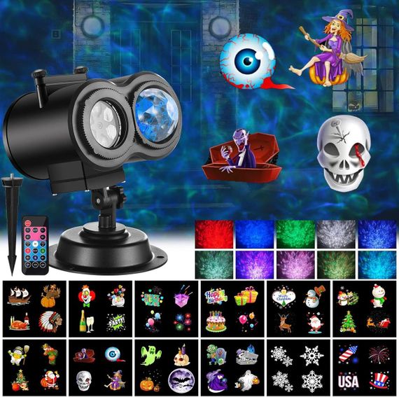 Светодиодный проектор для Рождества Нового года Хэллоуина 12 слайдов 10 цветов праздничное освещение с пультом | Зображення 1