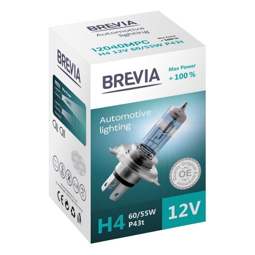 Автолампа BREVIA H4 12V 60/55W P43t Макс Потужність +100% CP ГАЛОГЕН 12040MPC