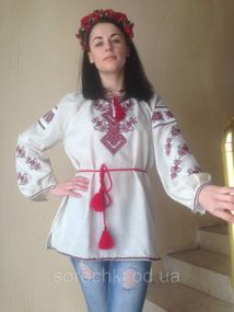 Вышиванка женская, белая  или джинсовая, орнамент" Берегиня", домотканная ткань
