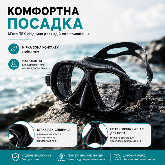 Набір для снорклінгу та плавання дорослий: маска із загартованим склом + суха трубка (Комплект для дайвінгу), Чорний | Зображення 3