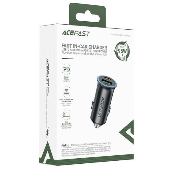 АЗП Acefast B16 PD65W+QC3.0 total 95W (1USB-A/1C) Gray | Зображення 1