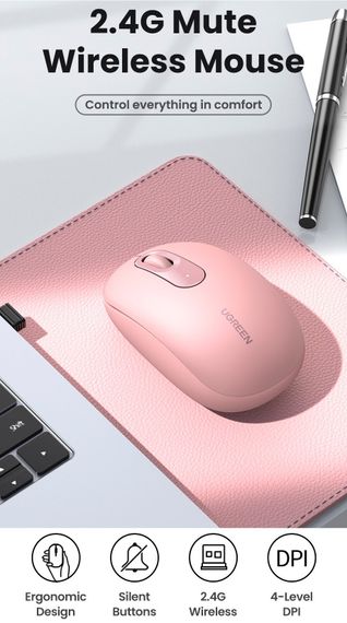 Мишка UGREEN 2.4GHz MU105, бездротова, 2400dpi., 3кн., Рожева | Зображення 5