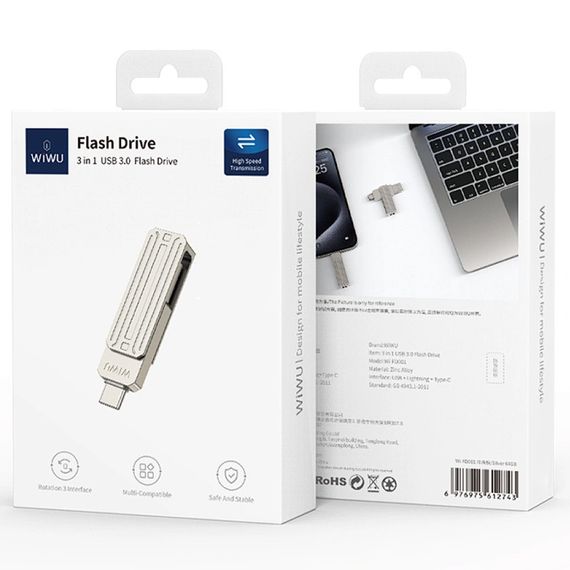 Флеш-накопичувач WIWU Wi-FD001 3in1 (USB-A/C/L) USB 3.0 — 256GB Silver | Зображення 1