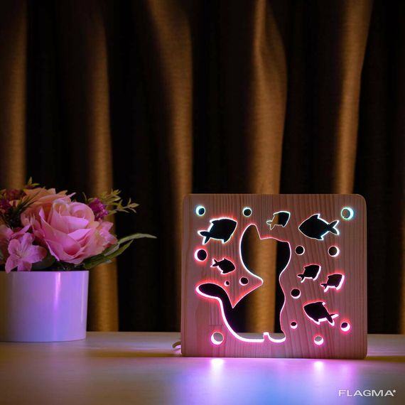 Светильник ночник ArtEco Light из дерева LED "Кот и рыбки" с пультом и регулировкой... | Зображення 7