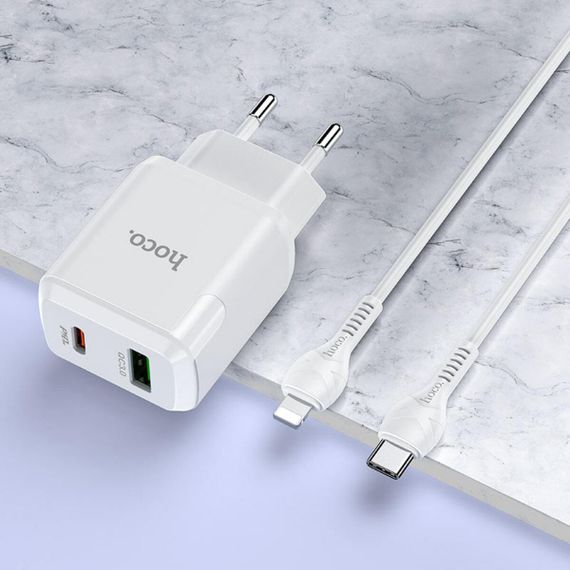 Мережевий зарядний пристрій HOCO N5 Favor dual port PD20W+QC3.0 charger set(C to iP) White | Зображення 3