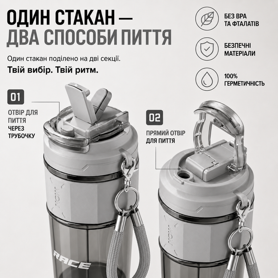 Двухсекционный стакан-тамблер RACE Dual-Sip 650 мл с соломинкой и ремешком (Серый) | Зображення 5