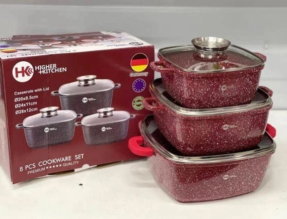 Набор квадратных кастрюль с гранитным покрытием на 8 предметов Higher Kitchen НК-302  (Красный, Черный)
