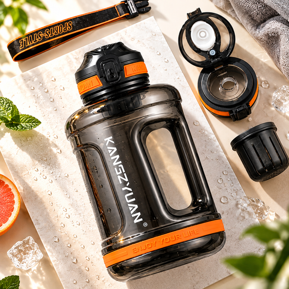 Бутылка для воды KANGZYUAN 2200 мл черная спортивная с Tritan BPA Free, ударопрочная, с ручкой и ремешком | Зображення 6