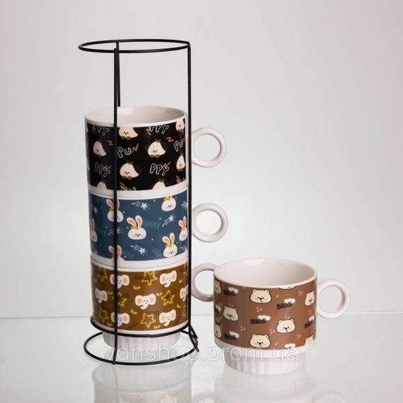 Набір порцелянових чашок для дітей на металевій підставці Toys 4 (шт) по 300 (мл) подарунковий набір чашок FM-15 | Зображення 2