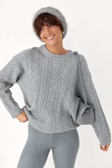 В'язаний светр у косички - сірий цвет, ONE SIZE (є розміри) | Зображення 4