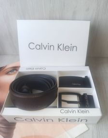 Чоловічий шкіряний набір Calvin Klein двосторонній ремінь+дві пряжки blue/brown
